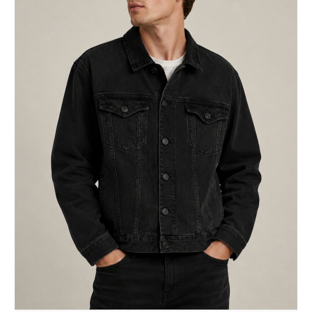 AllSaints Mens Washed Black Denim Jean Trucker Jacket Corduroy Collar XL